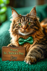  Fluffy maine coon cat celebrating st. patrick's day with green bowtie