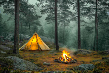 serene forest camping: illuminated tent and campfire in misty woods