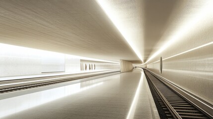 Poster - A well-lit subway tunnel with tracks running through it, showcasing the clean, modern design of the space, with subtle reflections from the polished walls and floor