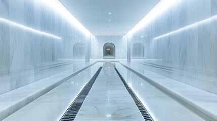 Poster - A well-lit subway tunnel with tracks running through it, showcasing the clean, modern design of the space, with subtle reflections from the polished walls and floor