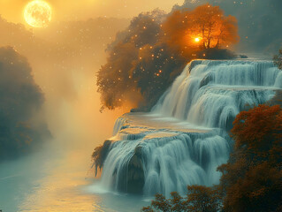 Canvas Print - Magical sunset waterfall cascading over rocks, glowing tree, full moon.