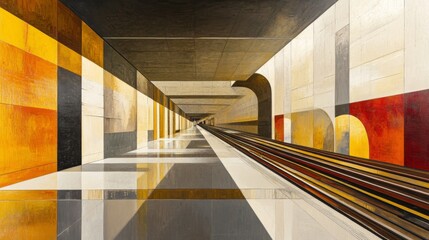 Poster - A well-lit subway tunnel with tracks running through it, showcasing the clean, modern design of the space, with subtle reflections from the polished walls and floor