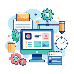 Aufkleber - Website development concept illustrating tools and elements for creating digital platforms