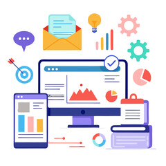 Poster - Website marketing tools and strategies with computer and mobile devices showcasing analytics and visuals