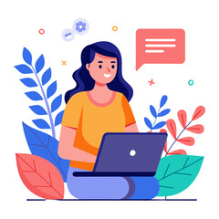 Poster - Woman working on laptop in a vibrant workspace surrounded by colorful plants and supportive visuals