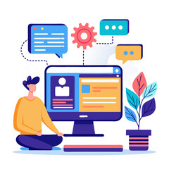 Aufkleber - Creative web development coding scene with programmer working on desktop computer surrounded by chat bubbles and plant