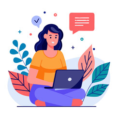 Poster - Woman working on a laptop in a bright, nature-inspired setting focused on education and productivity