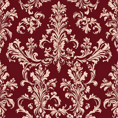 Poster - An elegant vintage damask pattern featuring intricate floral designs in cream on a rich burgundy background, perfect for adding a touch of sophistication to any project.