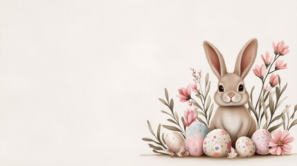 Wall Mural - Whimsical spring-themed illustration featuring a cute bunny and eggs, copy space