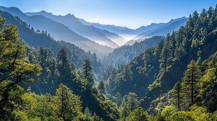 Poster - Majestic mountain valley panorama at sunrise, showcasing lush greenery and hazy blue peaks.