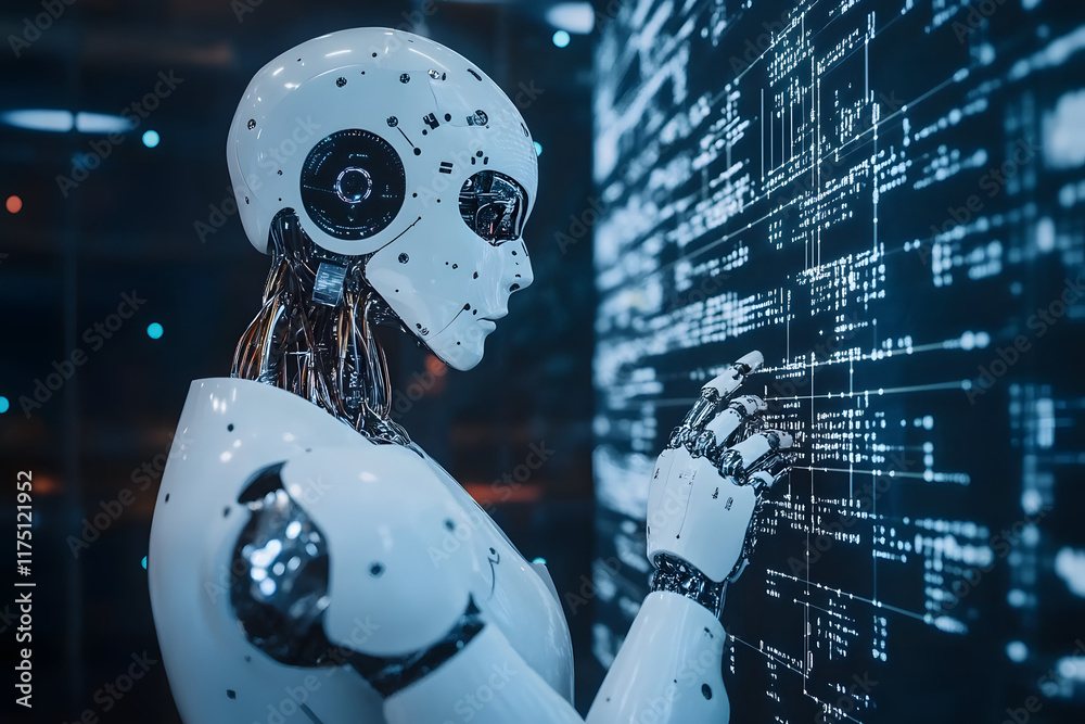 Futuristic humanoid robot interacting with a complex data interface on ...