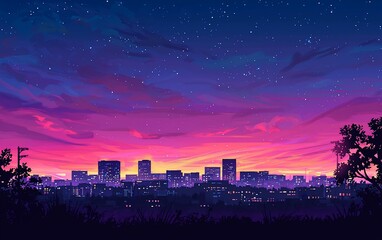 Poster - Vibrant sunset over city skyline at night.