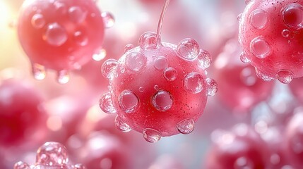 Wall Mural - Close-up of spherical, pink objects with droplets, resembling microbes or cells.