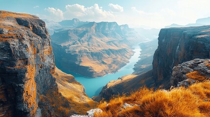 Poster - Majestic mountain range, vast canyon, and serene lake.