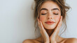 © O - Serene young caucasian woman with closed eyes and relaxed expression. March 8, International Women's Day. Mother's Day
