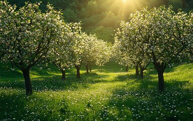 Poster - Sunlit orchard with blooming apple trees and wildflowers.