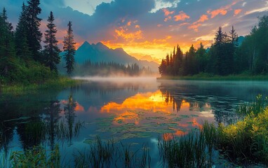 Poster - Majestic sunrise over tranquil lake reflecting colorful sky and mountains.