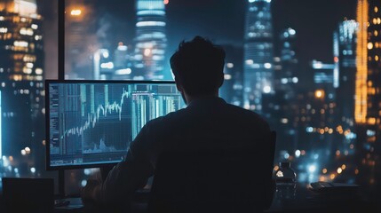 Poster - Man working late at night in front of computer screen showing stock market data, overlooking a vibrant city skyline.