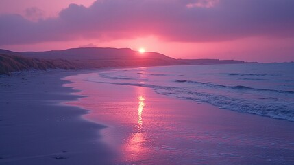 Poster - Pink sunset over serene beach with gentle waves.