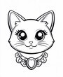 ©  QuantumMuse - Black and white coloring page with a kawaii cat head with a necklace