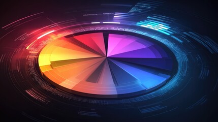 Poster - Digital pie chart with vivid colors on a dark background, with segments representing financial sectors and highlighting business performance data