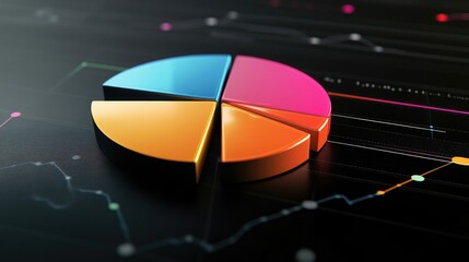 Poster - Digital pie chart with vivid colors on a dark background, with segments representing financial sectors and highlighting business performance data