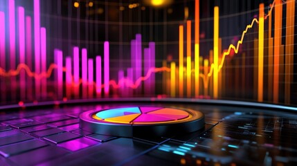 Poster - Financial dashboard with D graphs and pie charts in vibrant colors, with illuminated elements and a futuristic design showcasing financial insights