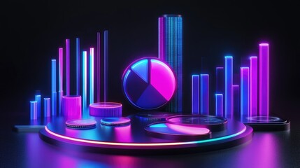 Poster - Financial dashboard with D graphs and pie charts in vibrant colors, with illuminated elements and a futuristic design showcasing financial insights