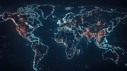 Poster - Financial line graph with data points glowing in neon, overlaying a dark background with a world map, symbolizing international business trends