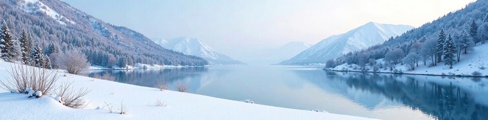 Canvas Print - Winter landscape with snow-covered hills and frozen lake, landscape, peaceful, hill