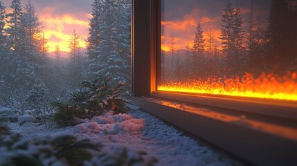 Wall Mural - Cozy winter cabin with fireplace, snowy landscape, and sunset view.