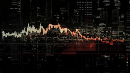 Poster - Futuristic financial chart with a glowing line graph rising sharply, overlaying a dark background filled with data points and currency symbols
