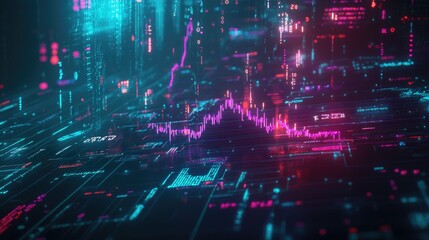 Poster - Futuristic financial chart with a glowing line graph rising sharply, overlaying a dark background filled with data points and currency symbols