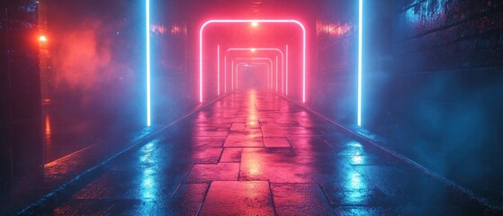 Wall Mural - A neon-lit corridor with reflections on wet pavement, creating a futuristic atmosphere.