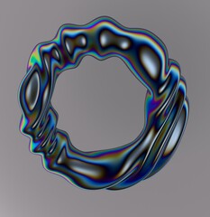 Poster - Holographic liquid substance of oval shape with a hole in the middle on a white background. 3D illustration of a strange futuristic organic shape in shimmering pearlescent colors.