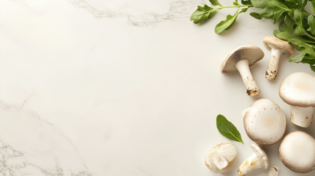 A minimalist banner showcasing mushrooms and fresh greens on a marble surface, promoting health and vitality