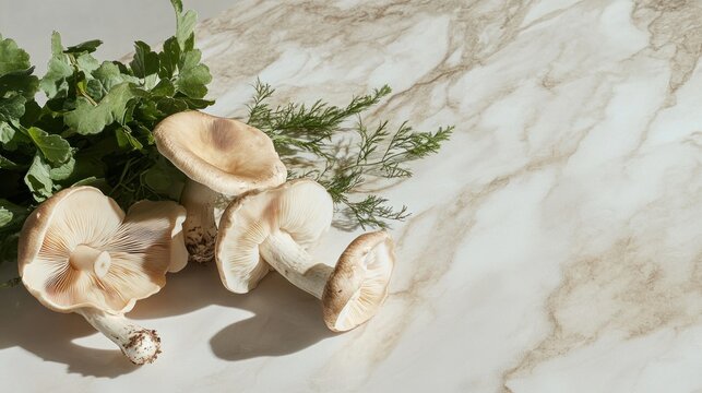 A minimalist banner showcasing mushrooms and fresh greens on a marble surface, promoting health and vitality