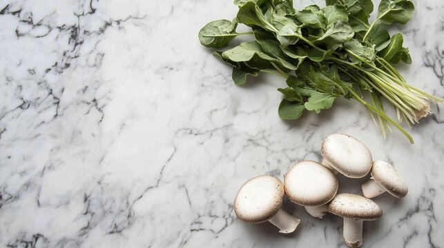 A minimalist banner showcasing mushrooms and fresh greens on a marble surface, promoting health and vitality