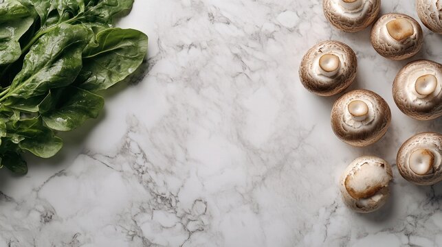 A minimalist banner showcasing mushrooms and fresh greens on a marble surface, promoting health and vitality