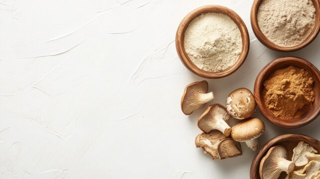 A minimalistic banner with powdered medicinal mushrooms in wooden bowls, emphasizing health and wellness benefits