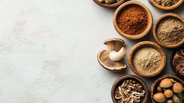 A minimalistic banner with powdered medicinal mushrooms in wooden bowls, emphasizing health and wellness benefits
