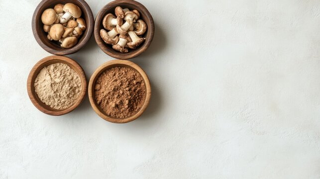 A minimalistic banner with powdered medicinal mushrooms in wooden bowls, emphasizing health and wellness benefits