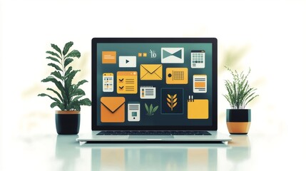 Laptop displaying productivity app interface with plants