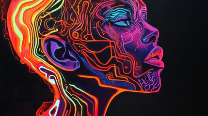Aufkleber - a vibrant abstract representation of the humanoid head intertwined with neon circuits, spotlighting 