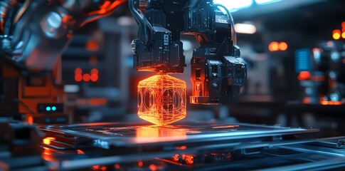 Poster - Cyberpunk Robotic Arm Fabricating Glowing Cube: Futuristic Industrial Scene