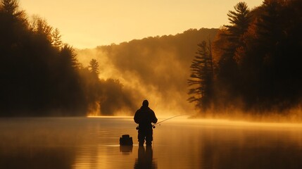 Poster - Silhouetted angler fishing at sunrise on a misty lake.