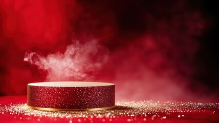 Poster - Chinese New Year podium and backdrop. A podium with a sparkling red surface surrounded by a misty atmosphere.