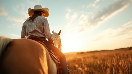 A cowboy in a white hat rides a horse through a vast field at dusk, capturing an adventurous and timeless moment against the backdrop of a beautiful sunset.