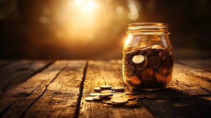 Poster - Savings goals jar filled with coins on a wooden shelf Stock Photo with side copy space