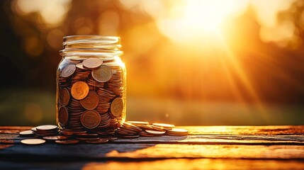 Poster - Savings goals jar filled with coins on a wooden shelf Stock Photo with side copy space